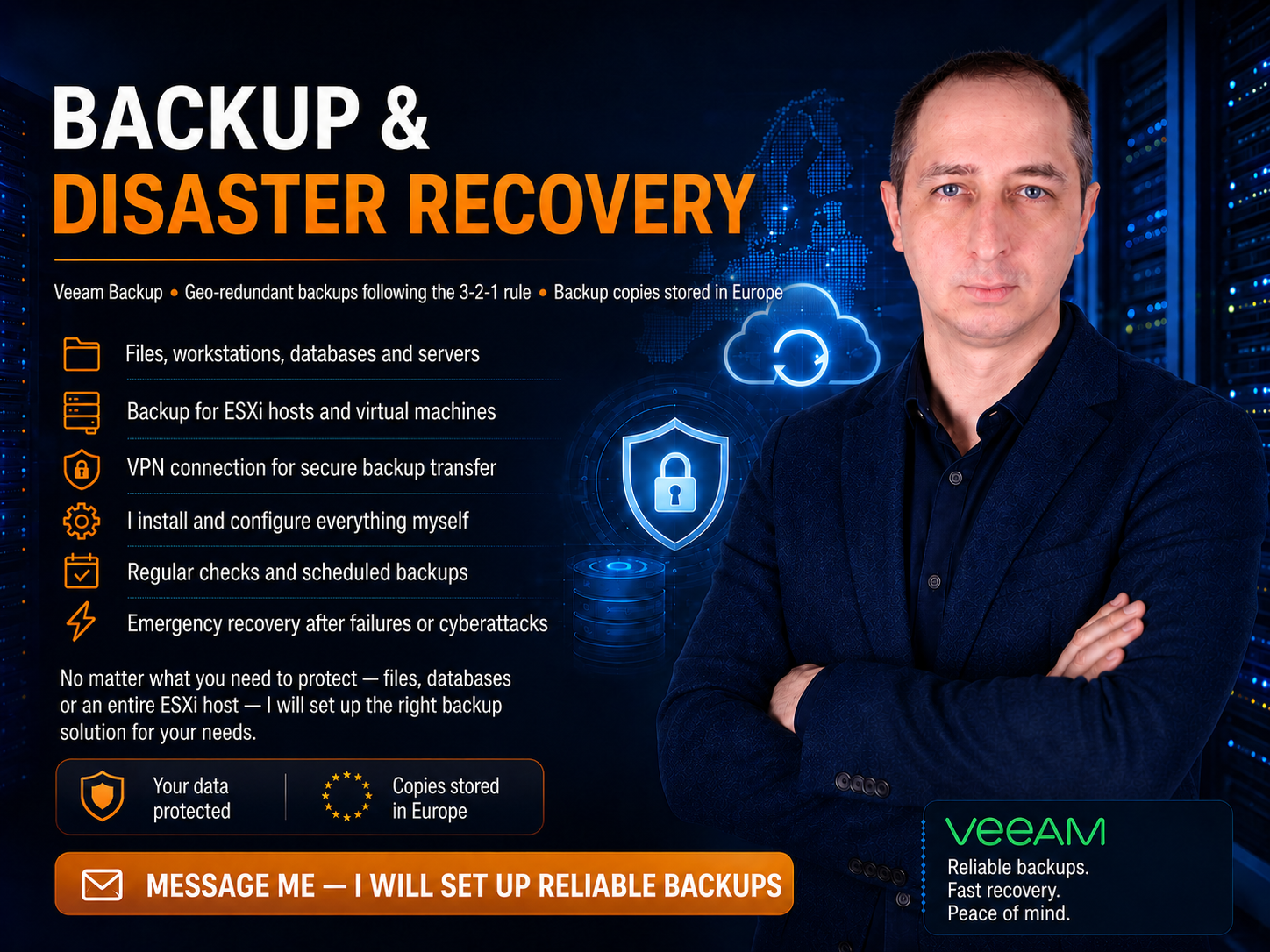 Configure reliable server backups and data protection Veeam backup and disaster recovery solutions. 3-2-1 backup rule implementation and secure data storage in Europe.