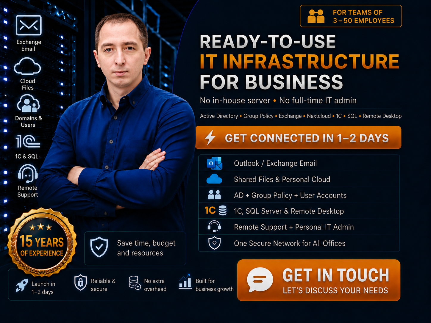 Order turnkey business IT infrastructure deployment Turnkey IT infrastructure for business in 1-2 days. Setup of Active Directory, Exchange, Nextcloud, and RDP by a senior system administrator.